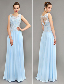 Robe de soirée A-ligne en chiffon bleu ciel clair avec dentelle à licou