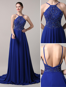 Robe de bal A-ligne en chiffon bleu royal à licou avec perles