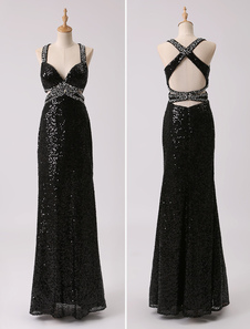 Robe de soirée sirène avec paillettes noires à bretelles