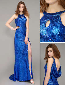 Robe de soirée fourreau fendue avec paillettes bleue royale