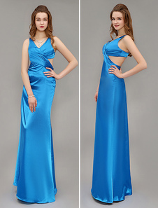 Robe de soirée en satin de soie stretch bleu royal plissé