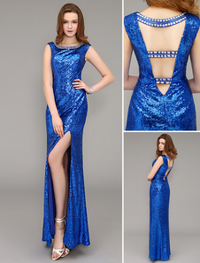 Robe de soirée fourreau avec paillettes bleue royale à licou