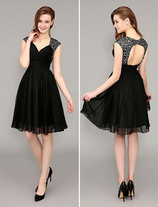 Robe de cocktail A-ligne en chiffon noir col V avec paillettes