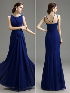 Robe de soirée en chiffon bleu royal à col bateau