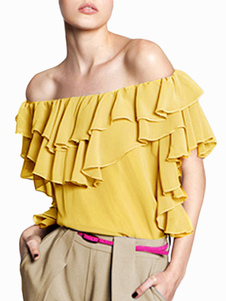 Blouse en polyester jaune à volants multicouche