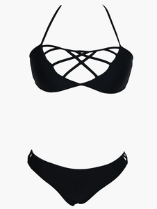 Bikini en polyester noir unicolore creusé à licou