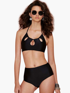 Bikini ensemble en polyester noir unicolore creusé à licou