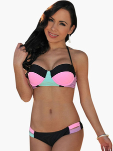 Bikini ensemble en lycra spandex color-block à licou