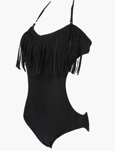 Bikini une pièce en polyester noir unicolore avec frange à licou