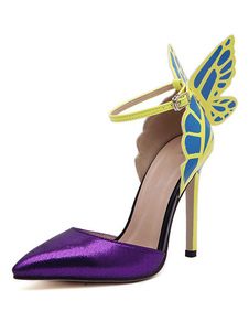 Charmantes sandales violette à bout pointu en PU orné de papillon