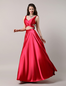 Robe de bal A-ligne en satin de soie stretch bordeaux col V