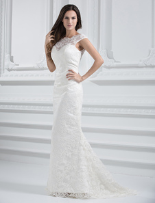 Robe de mariée ivoire avec dentelle hors de l'épaule à traîne