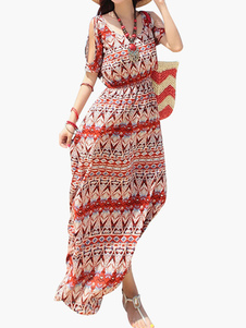 Robe longue imprimée géométrique épaules ouvertes