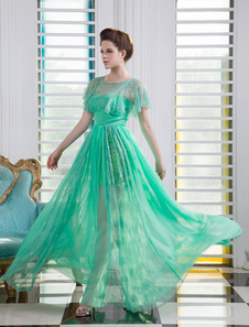 Robe merveilleuse de soirée verte A-ligne col rond avec dentelle longueur plancher