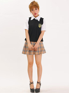 Costume sexy d'étudiante en coton mélangé avec jupe écossaise