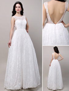 Chic robe mariage A-ligne ivoire dentelle longueur plancher