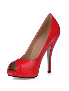 Chaussures rouges à bout ouvert à talon aigu en cuir verni