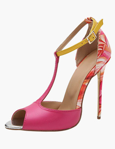 Chaussures à bout ouvert talon aigu en faux cuir rose imprimé