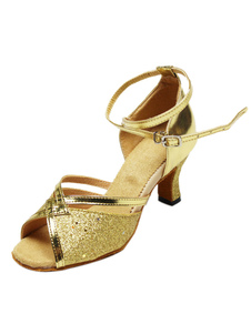Chaussures de danse latine en tissu d'or à talon petit et à peep-toe
