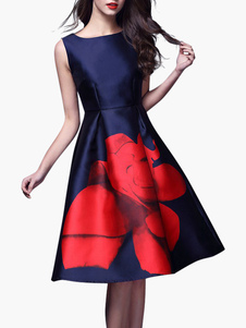 Robe vintage bleue foncée imprimée fleurie plissée