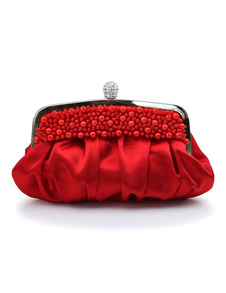 Pochette plissée de soirée en satin unicolore avec perles