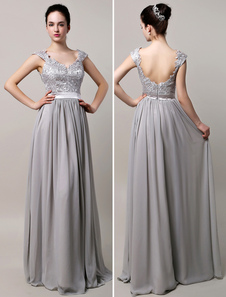 Robe soirée A-lignentelle grisntelle col V