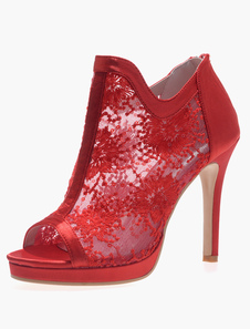 Bottine peep-toe à talon aigu en dentelle creusée