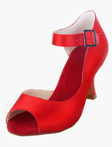 Chaussures de latine en soie et satin rouge à talon évasé