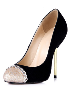 Chaussures à talons en satin stretch poncé noir avec chaîne