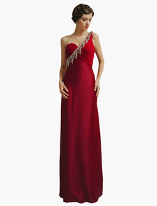 Robe de soirée en satin de soie stretch bordeaux frangé à une épaule