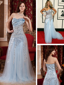 Robe festivale de Cannes bustier bleue ciel claire à traîne