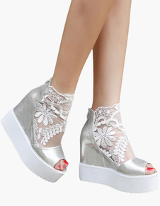 Chaussures compensées en PU avec dentelle à peep-toe