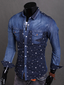 Chemise en denim moulante imprimée étoiles manches longues