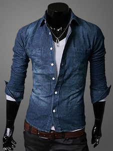 Chemise slim en denim bleu à manches longues