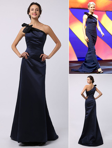 Robe Festival Cannes bleu marine foncée satin une épaule