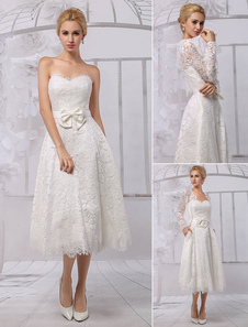 Robe de mariée A-ligne dentelle ivoire col rond longueur mollet