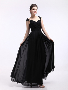 Robe de soirée A-ligne noire en satin stretch et chiffon hors de l'épaule