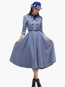 Robe longue bleu plissé à volants col roulé