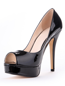 Chaussures à bout ouvert à talon aigu en PU verni noir