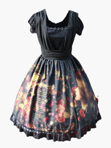 Robe lolita en coton noir imprimée fleurie avec dentelle