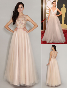 Robe de soirée maxi en tulle champagne avec dentelle et perle de col rond