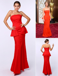 Robe bustier sublime de soirée à sirène en satin rouge avec péplum