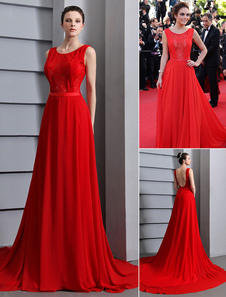 Robe pour Festival de Cannes A-ligne rouge en chiffon col rond à à traîne
