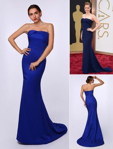 Robe de soirée sirène en satin bleu royal bustier à traîne