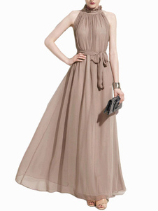 Robe longue plissée en micro-fibres unicolore avec ceinture