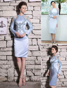 Robe sublimée de cocktail lilase fourreau en satin col rond avec perles