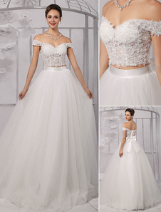 Robe de mariée exquise boule ivoire dentelle longueur plancher