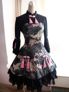 Classique Satin Noir Qi Robe Lolita en coton douse