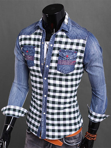 Chemise en denim bleu foncé écossais manches longues