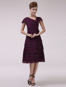 Robe mère de mariés en chiffon pourpre de col V multicouche